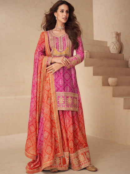 ES New Free-Size Stitched Catalog – Elegant Chinnon Silk Top, Plazzo & Dupatta