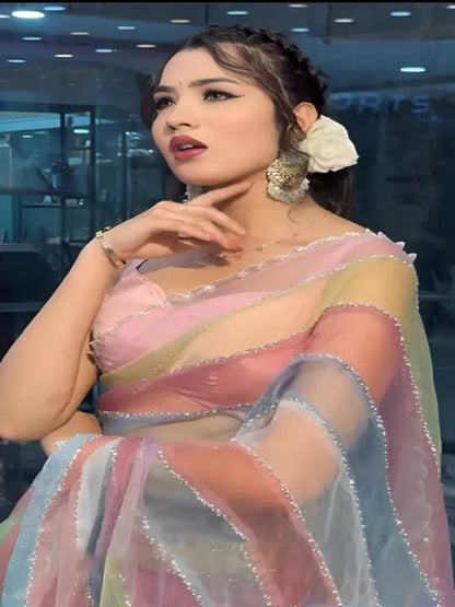 YNF Luxurious Soft Tabby Silk Saree with Zarkhan Stone Work & Contrast Satin Blouse