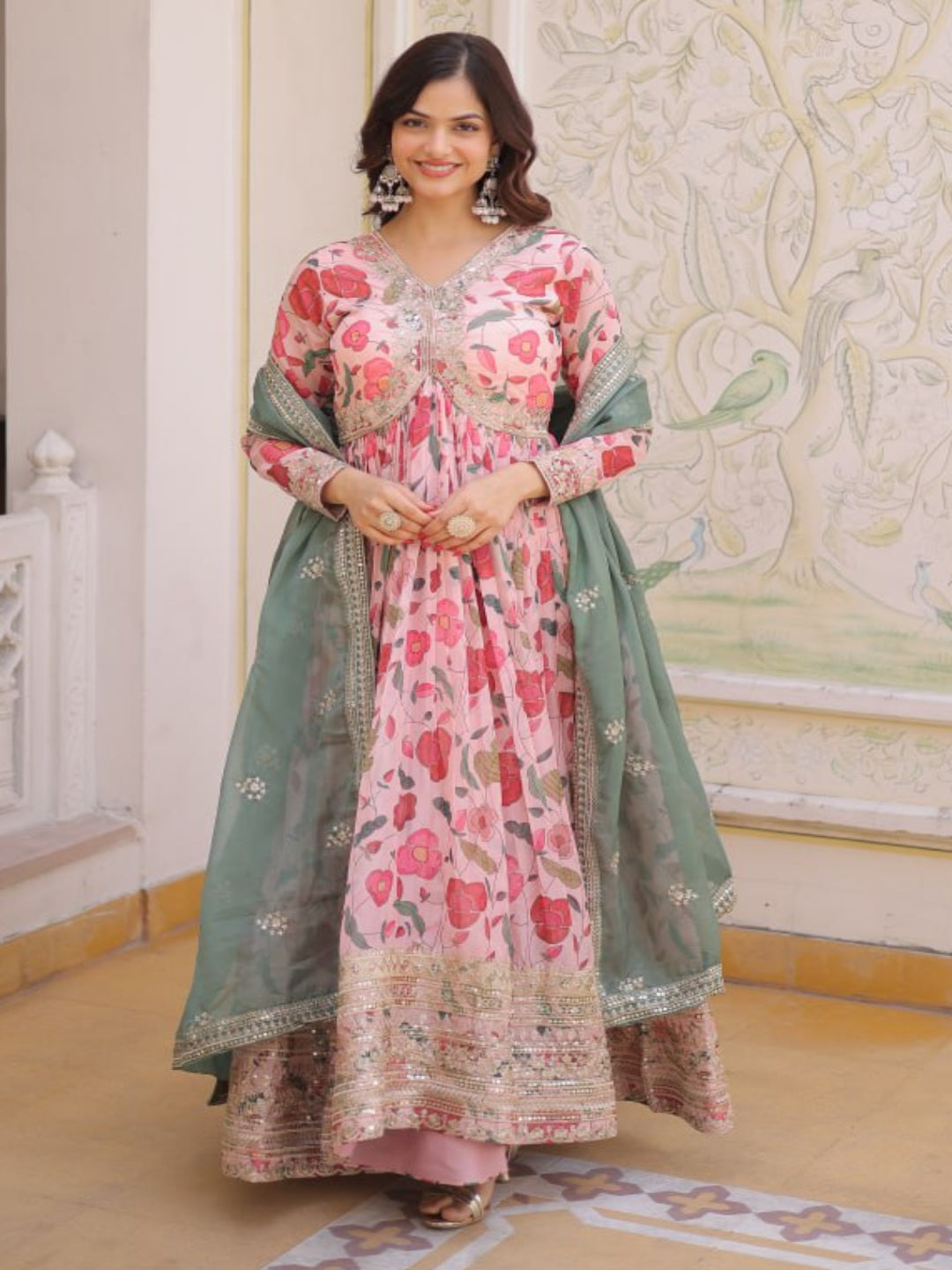 RE Designer Alia Cut Russian Silk Gown with Digital Print & Sequins Work