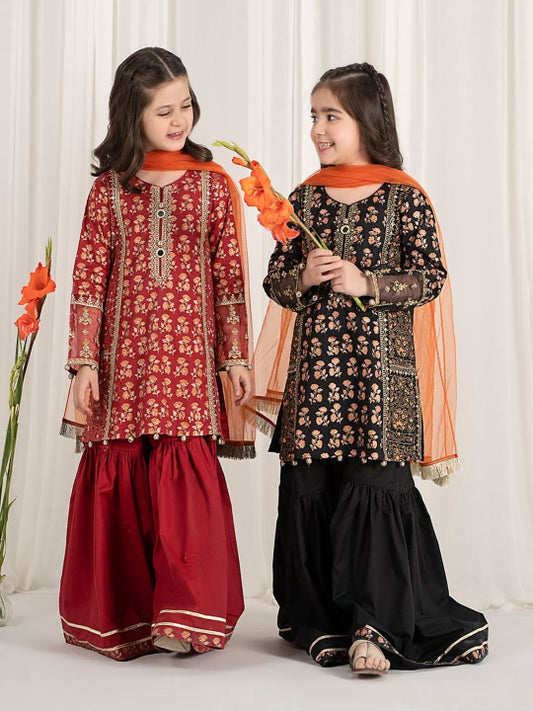ES Elegant Heavy Chinon Top, Sharara, and Dupatta Set with Sequin Work for girls