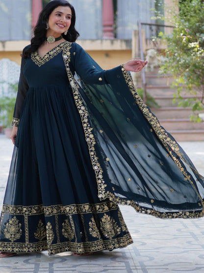 ES Luxury Designer Gown & Dupatta with Zari & Sequins Embroidery