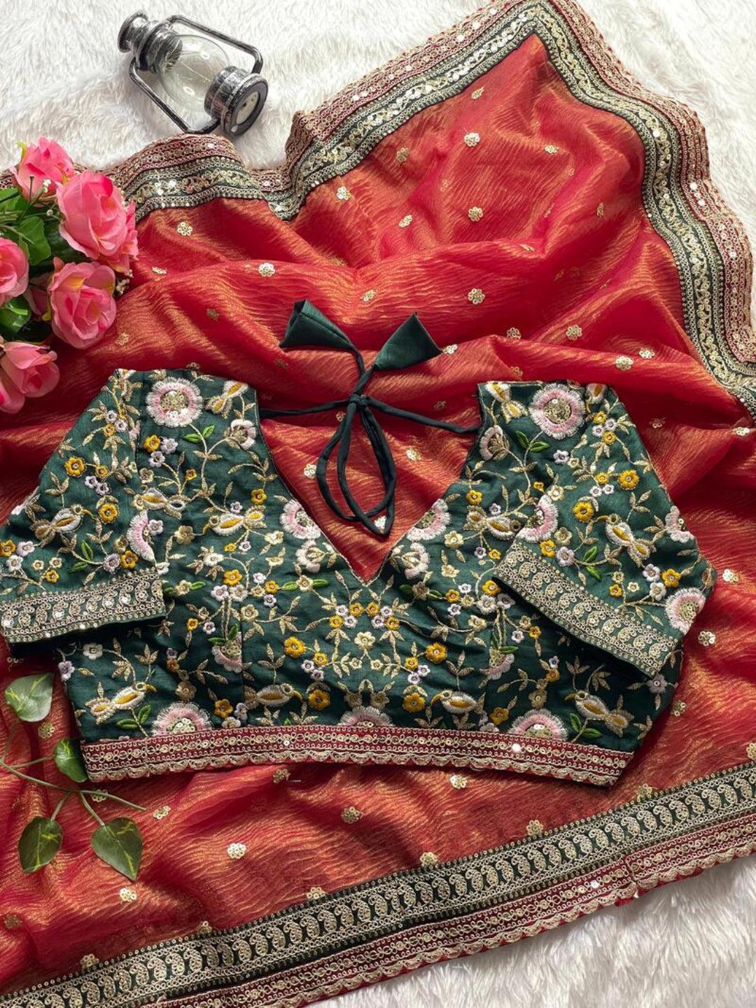 ES Women’s Soft Crush Saree with Golden Jari Butta and Fully Stitched Sequence Blouse