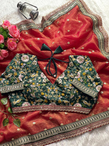 ES Women’s Soft Crush Saree with Golden Jari Butta and Fully Stitched Sequence Blouse