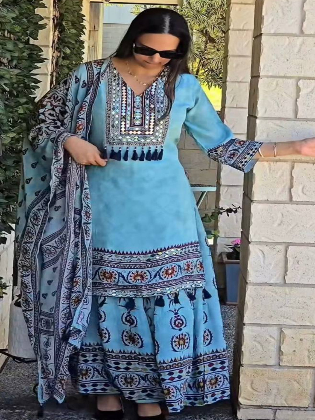 RE Maslin Silk Digital Printed Suit Set with Real Mirror Work and Palazzo (Sizes M-XXL)