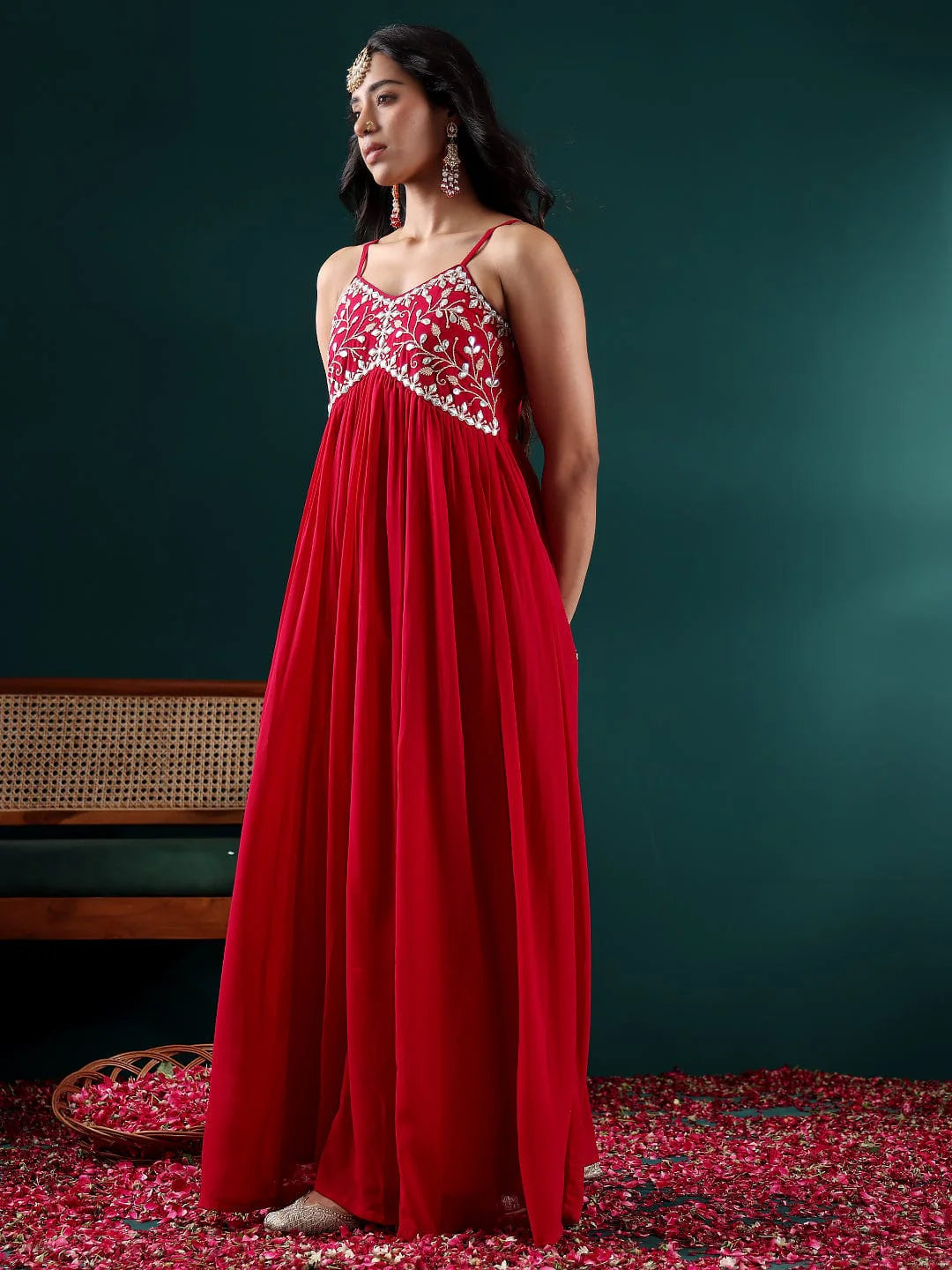 KF Women Fuchsia Embroidered Anarkali Strap Kurta Paired With Tonal Dupatta