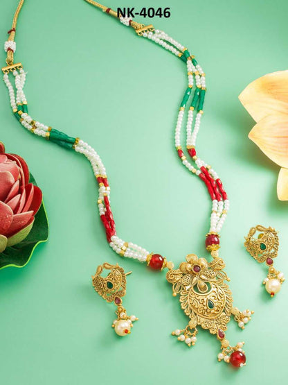 YNF Exquisite Gold & Red Stone Fancy Mala Necklace Set on Brass Base