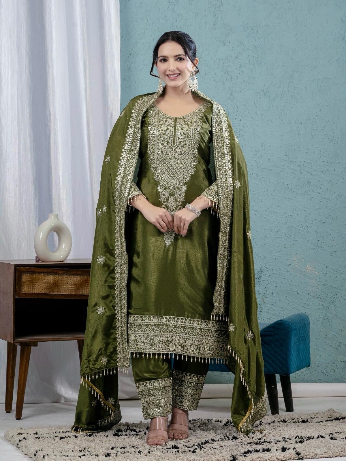 ES Chinnon Silk Suite With Heavy Embroidery Coding Sequence Work