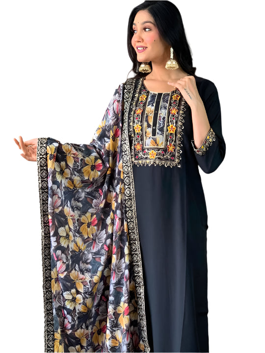 ICF Women's Roman Viscose Embroidered Kurta with Pant and Crep Silk Dupatta