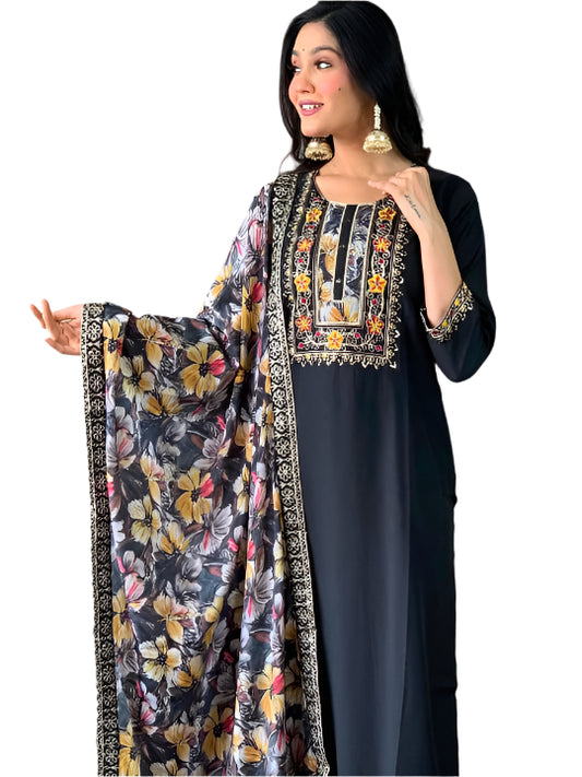 ICF Women's Roman Viscose Embroidered Kurta with Pant and Crep Silk Dupatta