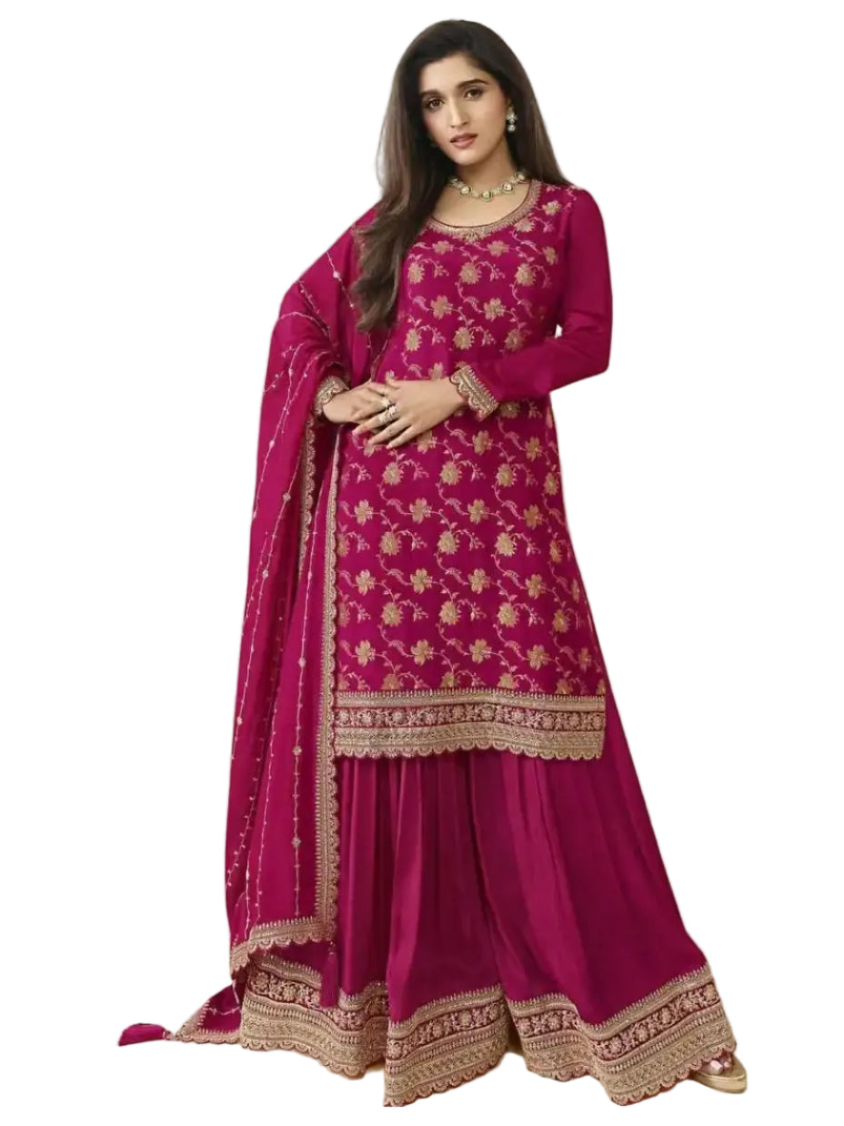 WT Women's Plus Size Heavy Blooming Chinon Jacquard Suit with Embroidered Plazzo