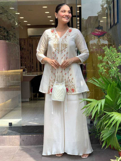 Women's Chanderi Silk Floral Gota Patti Embroidered Kurta Palazzo Set - KE