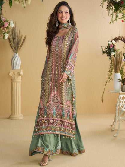 YNF Crepe Silk Suit Set | Printed Top Palazzo | Hand Aari Gota Patti Work