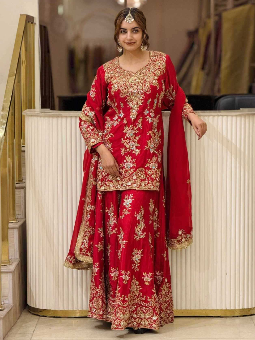 YNF Designer Embroidered Faux Georgette Palazzo Suit Set with Heavy Sequence Work & Fancy Latkan Border