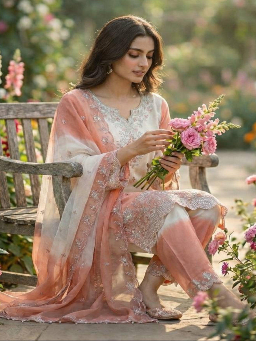 RE Pakistani Pure GMY Silk Digital Printed Suit Set with Embroidery & Cut-Work Sleeves (Sizes M-XXL)