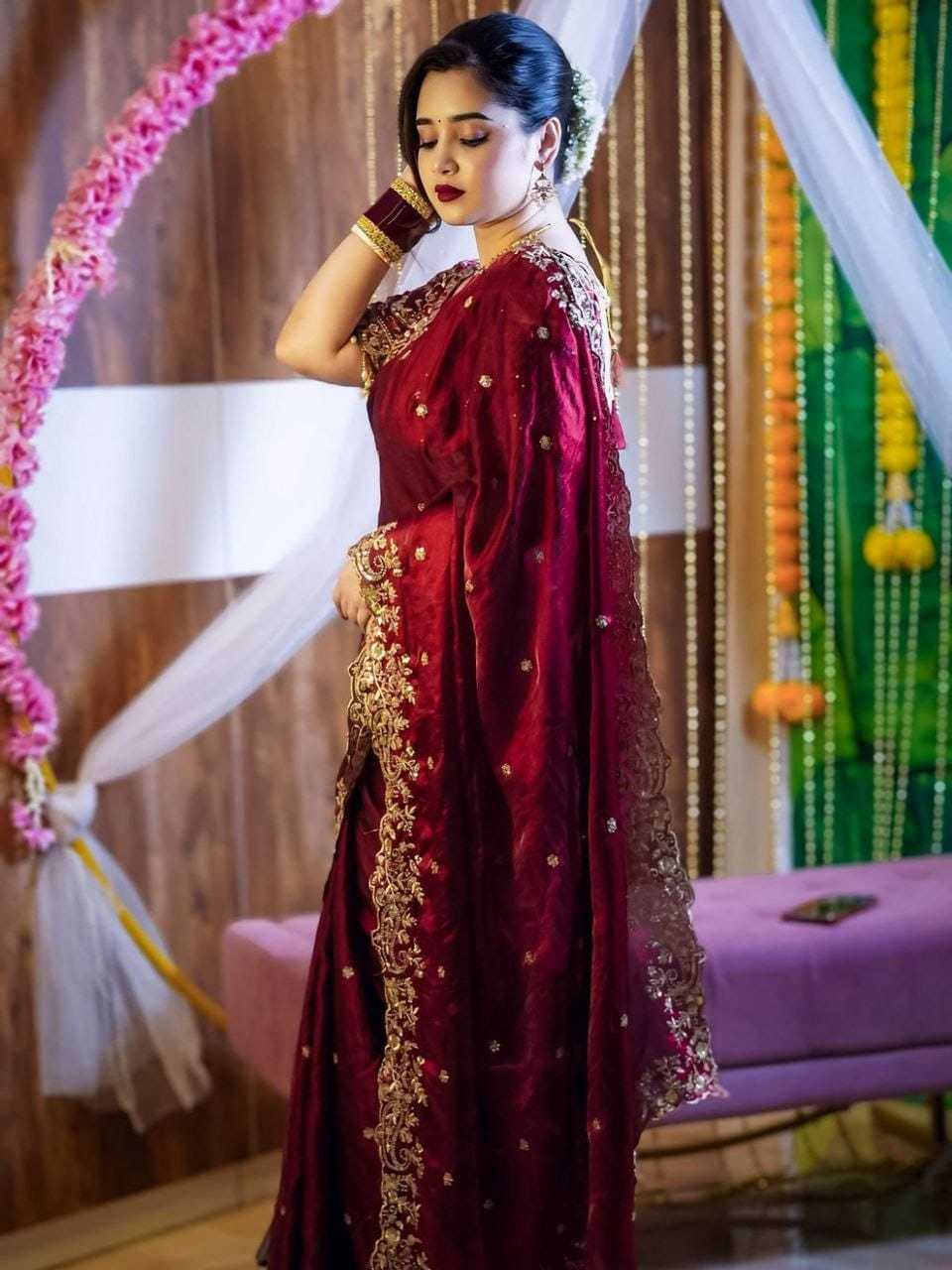 YNF Space Silk Embroidery Work Saree (5.5m) with Fully Stitched Maroon Blouse