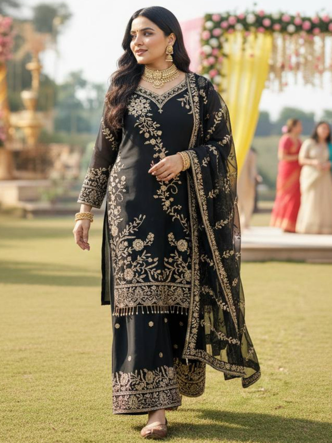 RE Semi Faux Georgette 3-Piece Kurti Plazzo Set with Sequence & Zari Work