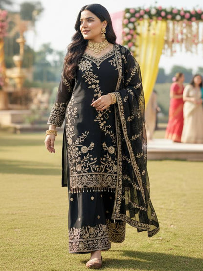 RE Semi Faux Georgette 3-Piece Kurti Plazzo Set with Sequence & Zari Work