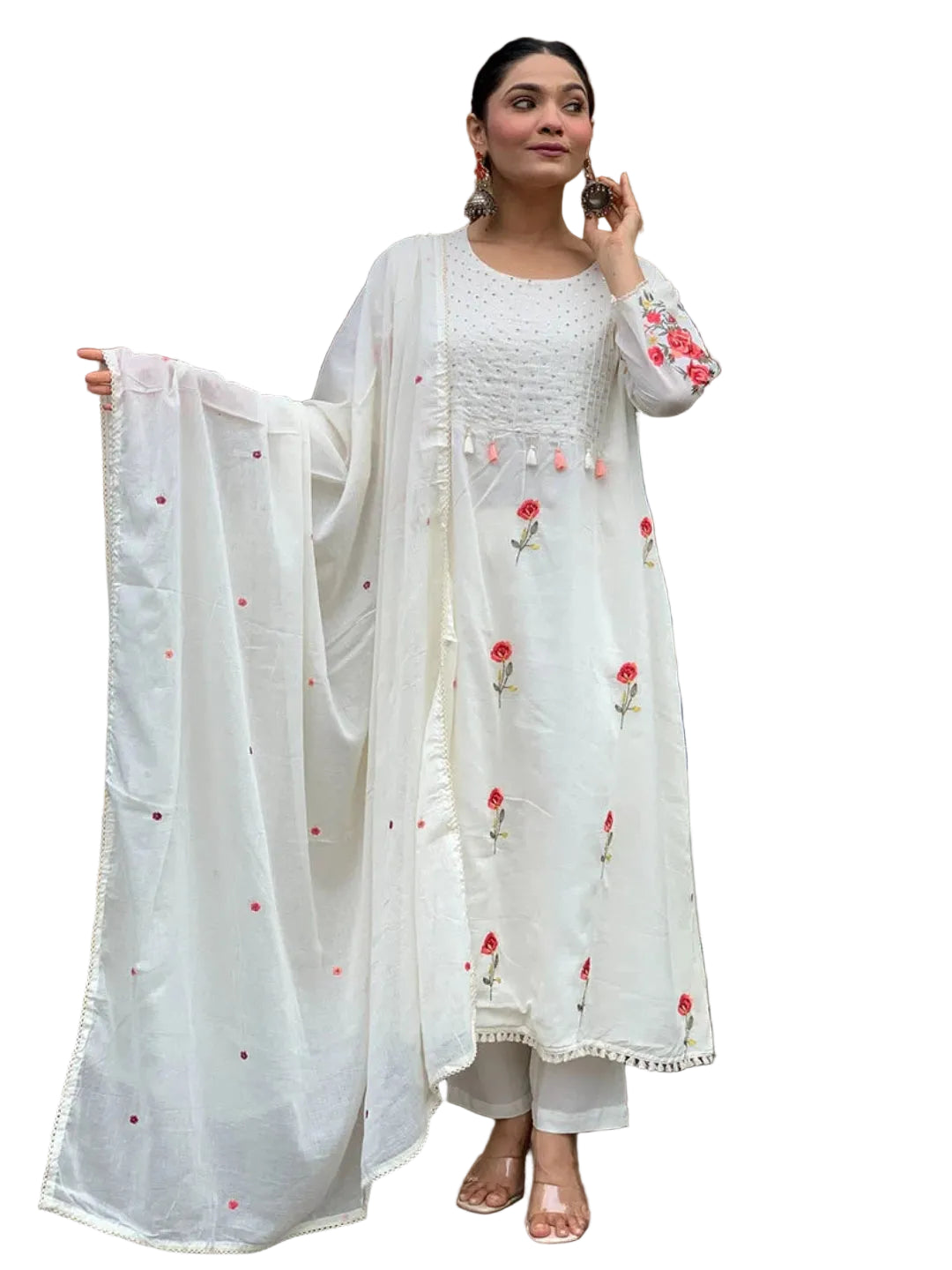 RE Designer White 3-Piece Festive Suit – Chanderi Silk & Embroidery