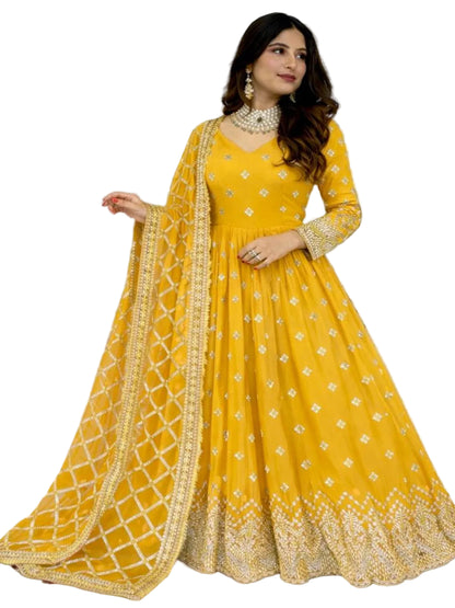 RE Heavy Fox Georgette Sequence Embroidery Gown Set with Butter Silk Pants & Zalar Dupatta