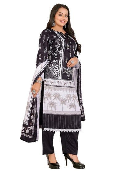 ICF Women's Silk Blend Black & White Printed & Embroidered Kurti with Pant & Dupatta Set