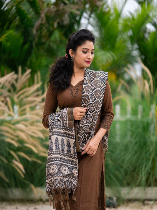 ICF Women Brown Khadi Cotton Suit Set with Embroidery & Digital Print Dupatta