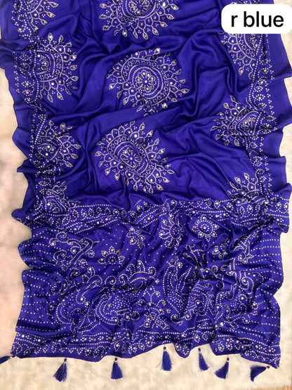 YNF Ajrakh Print Soft Satin Crepe Silk Saree with Real Mirror Work