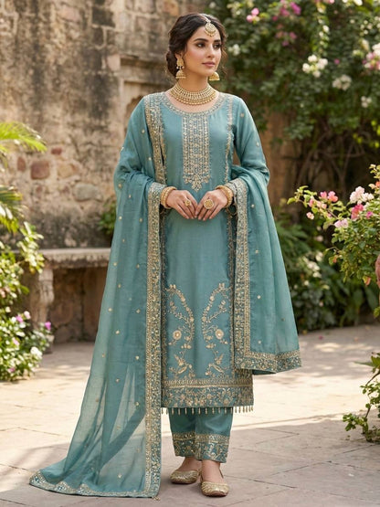 RE Pure GMY Silk Embroidered Suit Set with Sequence Work Palazzo and Dupatta (Sizes M-XXL)