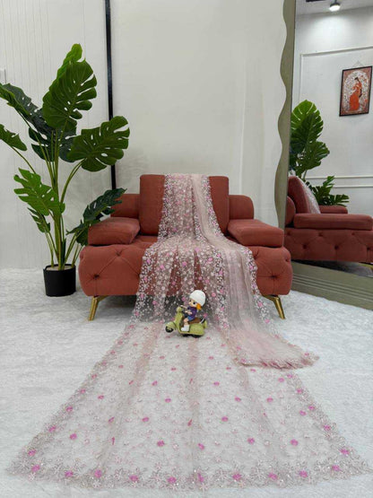 YNF Soft Net Saree, Blouse, & Dupatta Set | Thread & Sequin Work