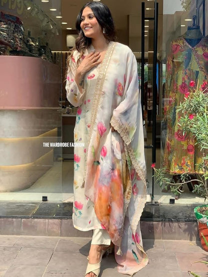 ICF Women Teby Silk  Floral Print Kurta with Pant & Dupatta