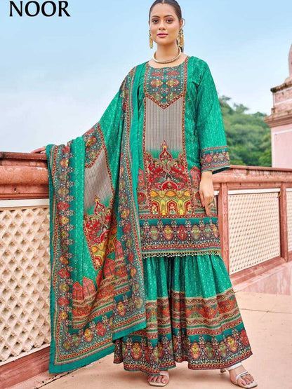 YNF Pure Crape Silk Fully Stitched Sharara Suit with Digital Print & Real Mirror Work