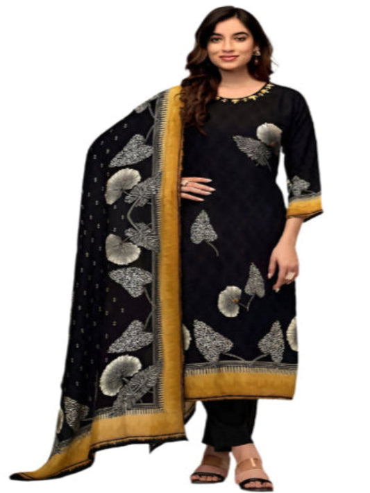 ICF Women Chinon Black Kurta Set with Neck Handwork Kurti, Pant & Dupatta