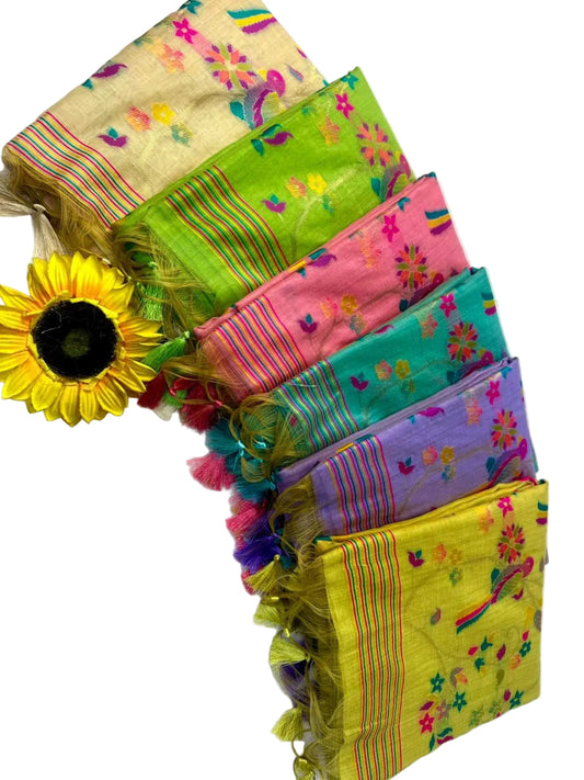 YNF Pure Muga Cotton Meenakari Weaving Saree with Floral Pallu and Contrast Blouse