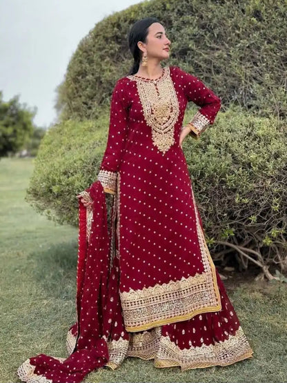 WT Women's Fully Stitched Fox Georgette Sharara Set with Sequence Embroidery