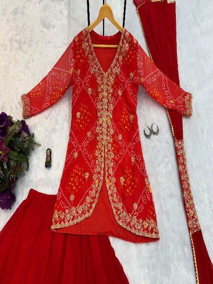 ES Women Faux Georgette Bandhani Koti-Lehenga 3 piece suit set