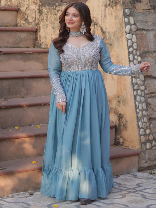 ES Star Georgette Gown with Embroidery Beads Sequins-work