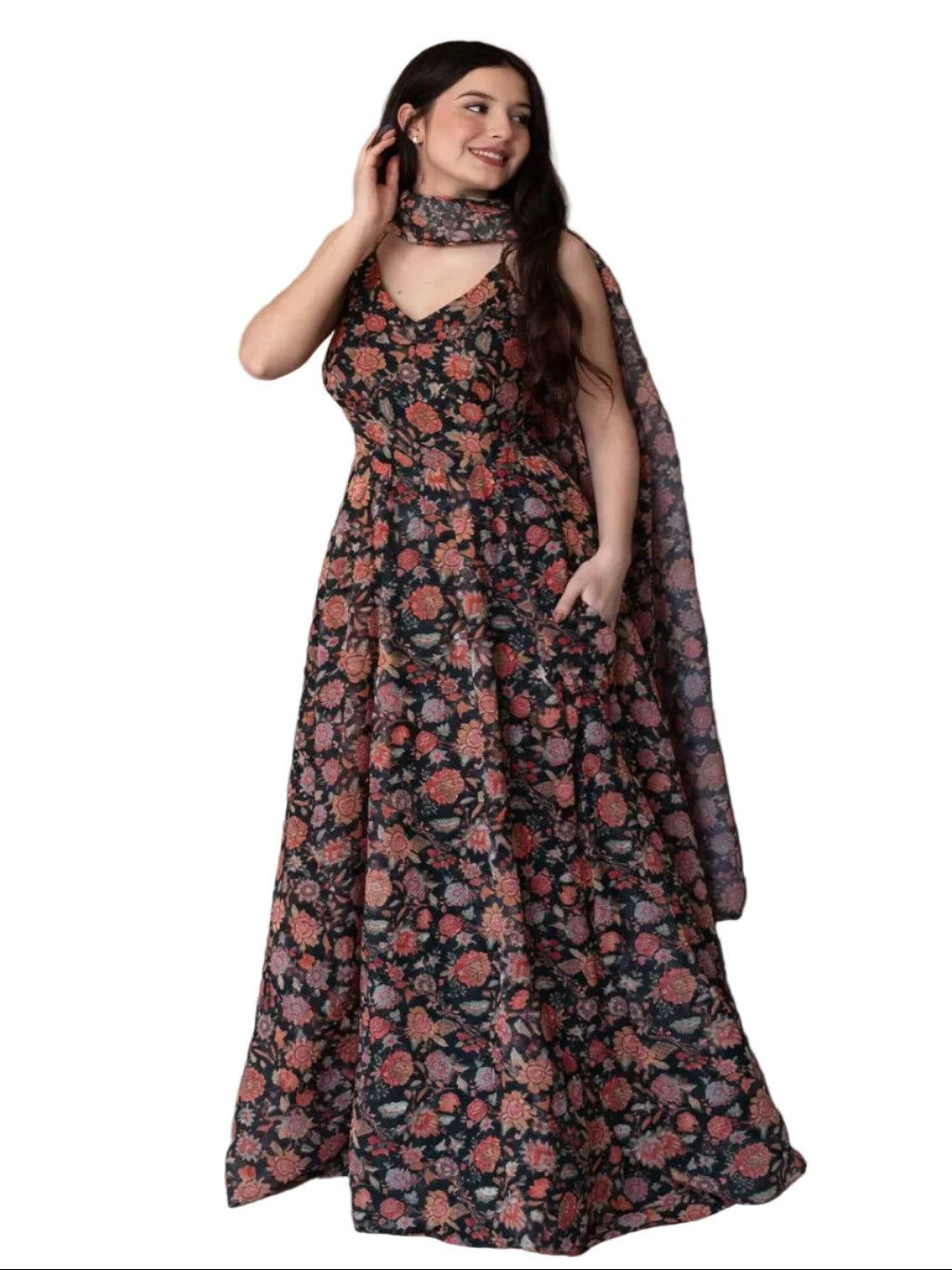 RE Digital Floral Print Soft Organza Gown with 4m Flair & Dupatta