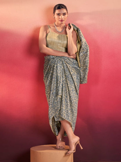 Women's Tasar Silk Printed 3-Piece Indo Western - Stitched Blouse, Top & Trousers- RE