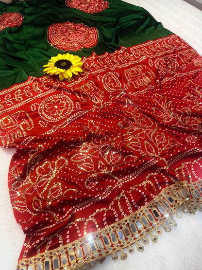 YNF Luxury Pure Gajji Soft Silk Saree in Green and Blue with Unstitched Blouse Piece
