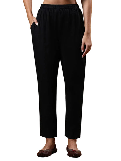 Varanga Women's Black Pure Cotton Embroidered Straight Kurta with Trousers