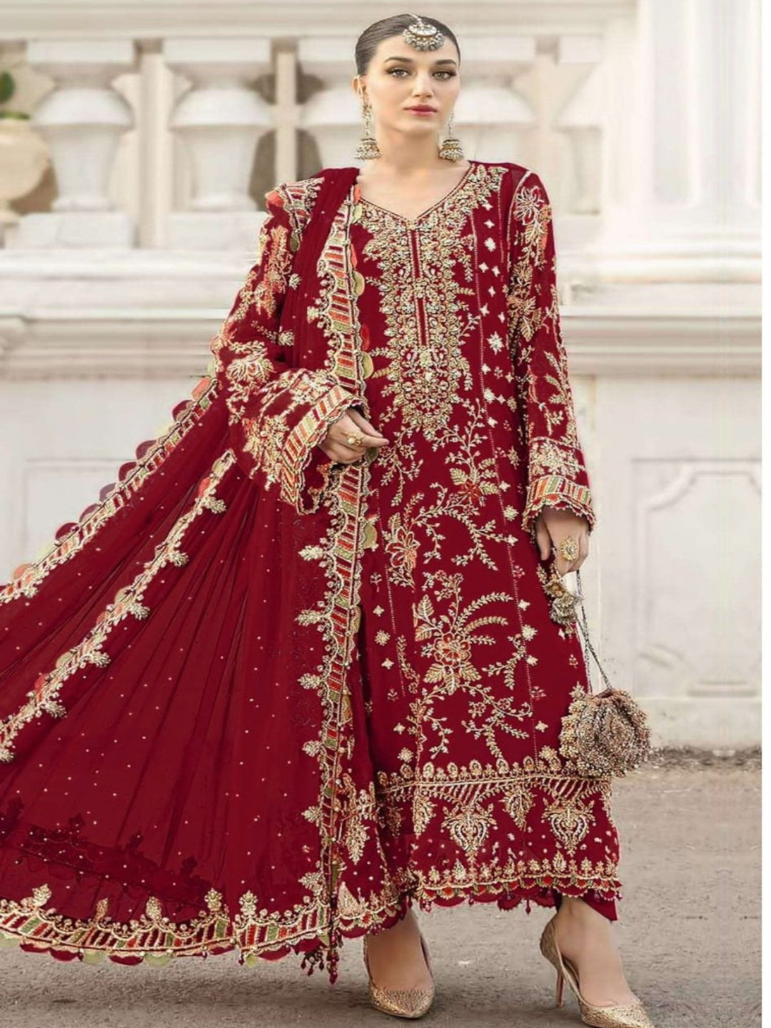 Women’s Chiffon Sequence Work Suit (XS to 5XL) with Khatli Neck Embroidery - RE