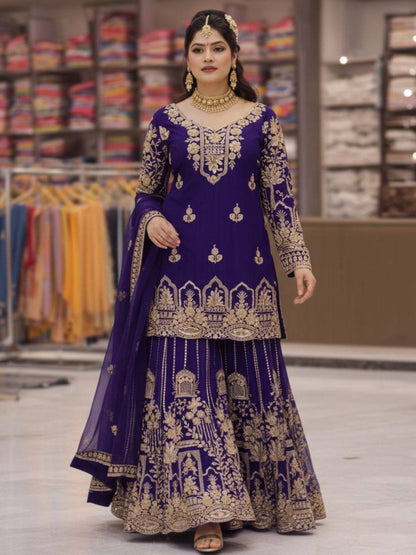 RE Zari & Sequin Work Georgette Kurti Set with 2.5m Flare Palazzo (M-3XL)