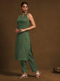 KF Green Poly Crepe Sleeveless Solid Halter Neck Kurta Set