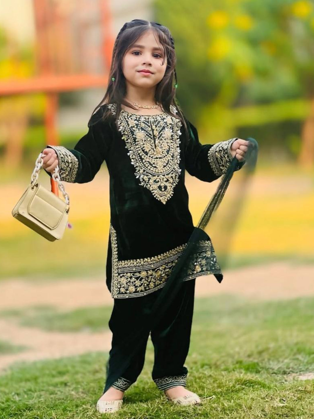 RE Girls' Heavy Viscose Velvet Embroidered Top & Bottom Set with Net Dupatta (3-15 Years)
