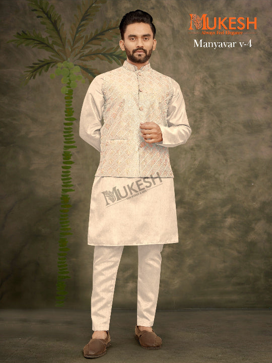 ES Heavy Banglori Silk Kurta-Pant-Koti Set  for a premium look
