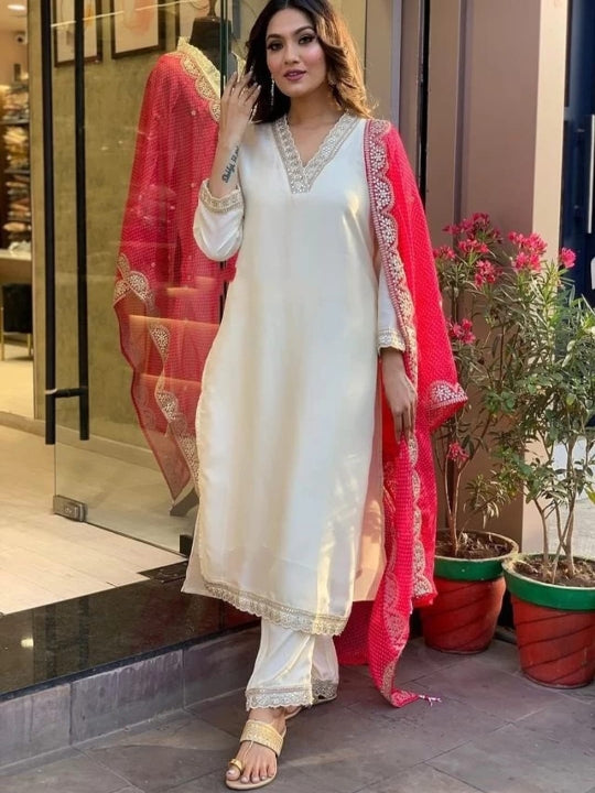 ICF Women Teby Silk  Floral Print Kurta with Pant & Dupatta