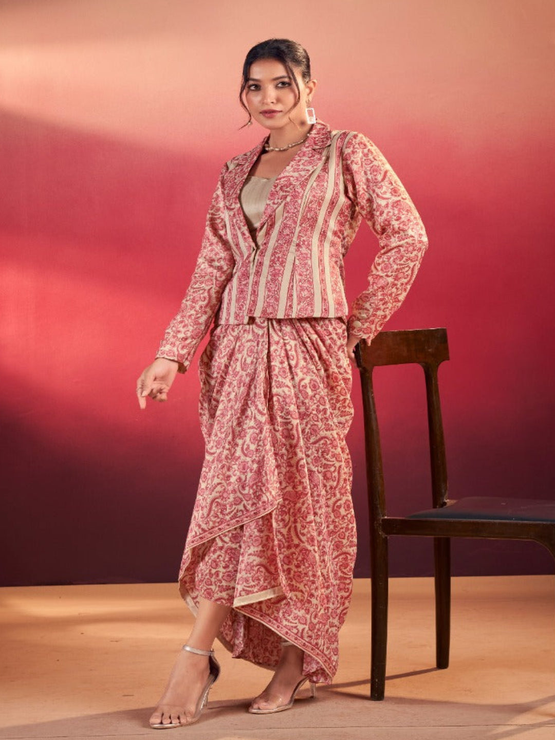 Women's Tasar Silk Printed 3-Piece Indo Western - Stitched Blouse, Top & Trousers- RE