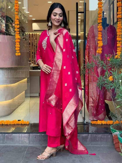 ICF Women's Viscose (Rayon) Straight Embroidered Kurta with Pant & Dupatta