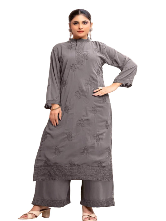 MV Embroidered Fox Georgette Kurti with Heavy Muslin Pants | Stitched Inner Kurta Set