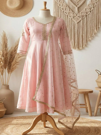 RE Designer Pink Chinnon Silk Anarkali with Complete Lining and Matching Dupatta