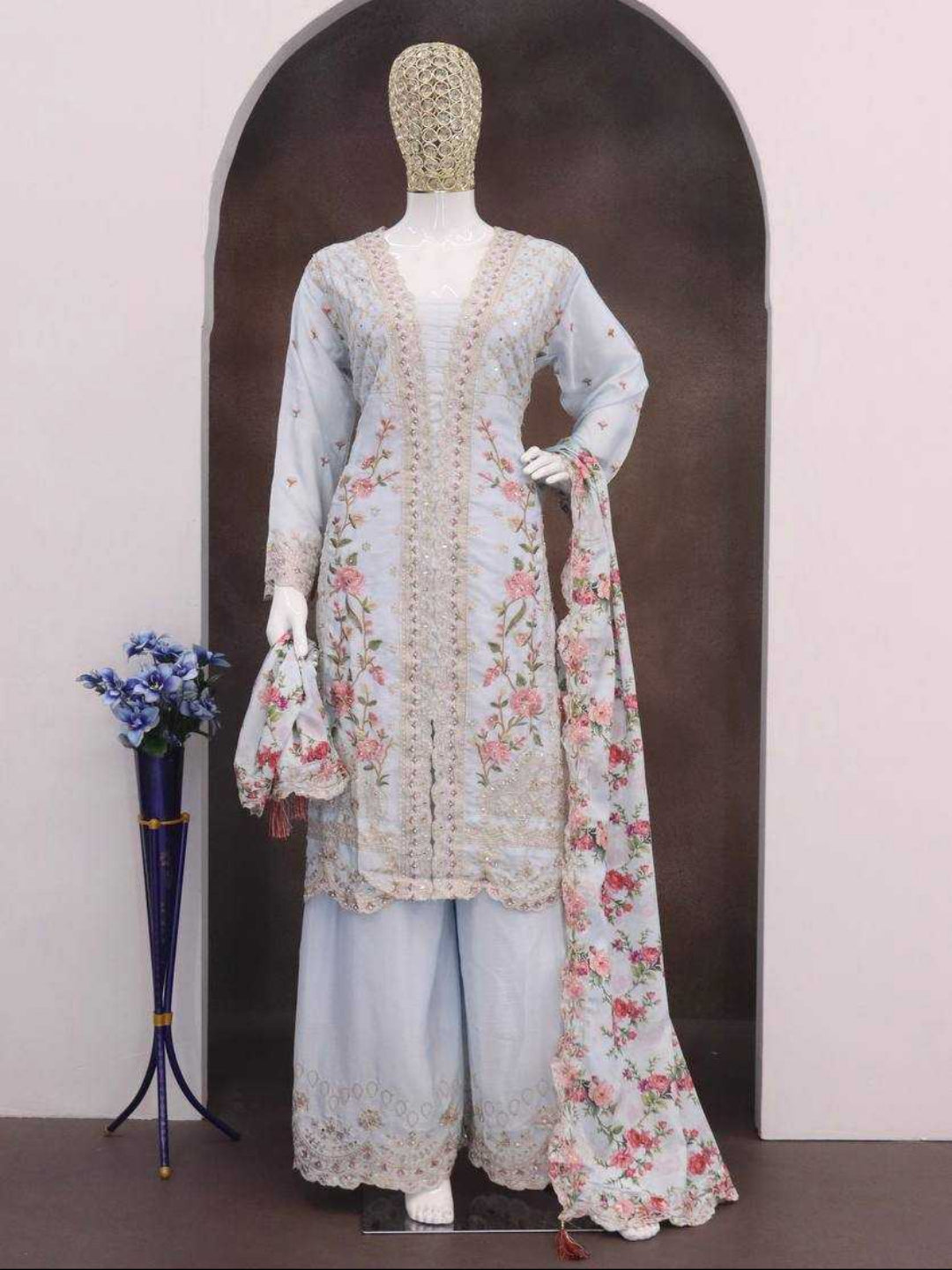 YNF Stitched Real Vichitra Silk Sequence Work Palazzo Suit with Embroidered Dupatta